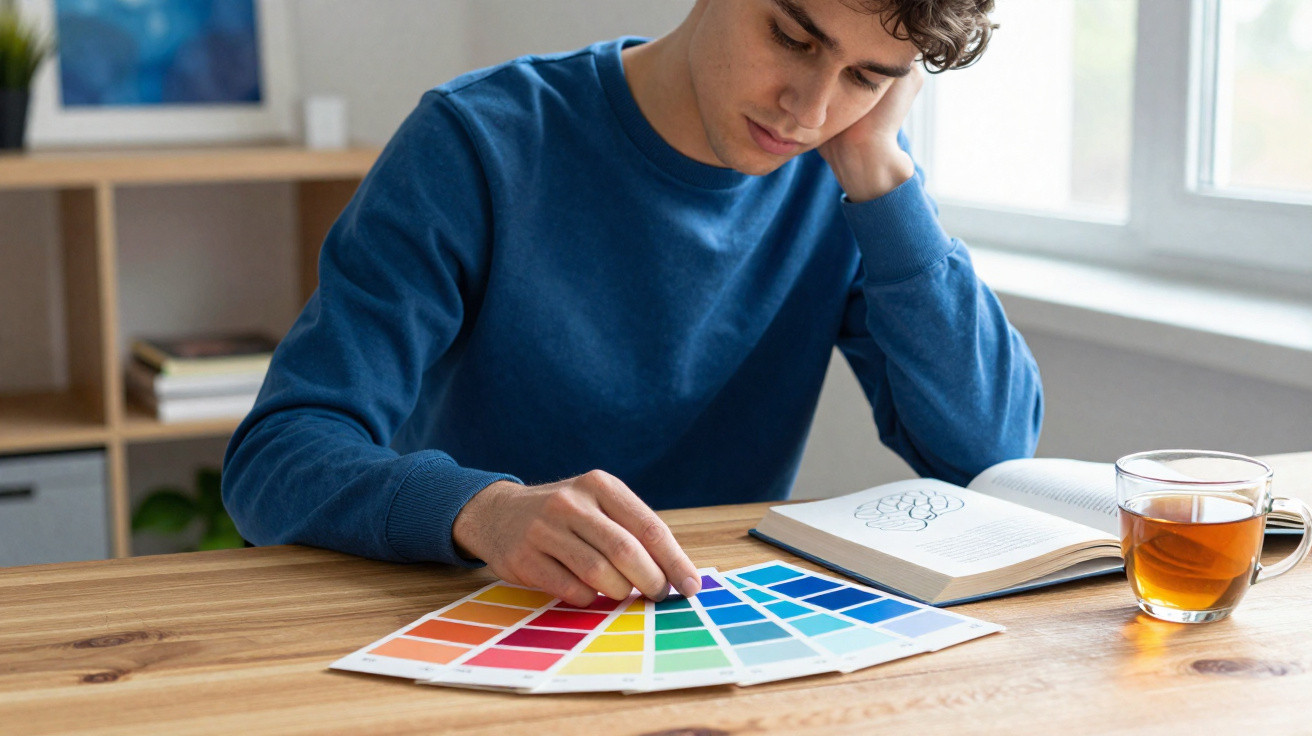 Jovem sentado à mesa estudando amostras de cores com livro aberto e xícara de chá ao lado.