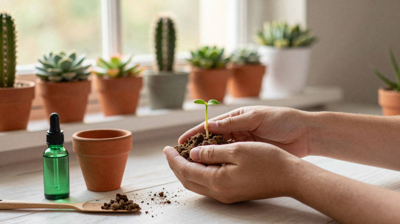 Mãos segurando terra com mudinha, vaso vazio, frasco verde, colher e vasos com suculentas na janela.
