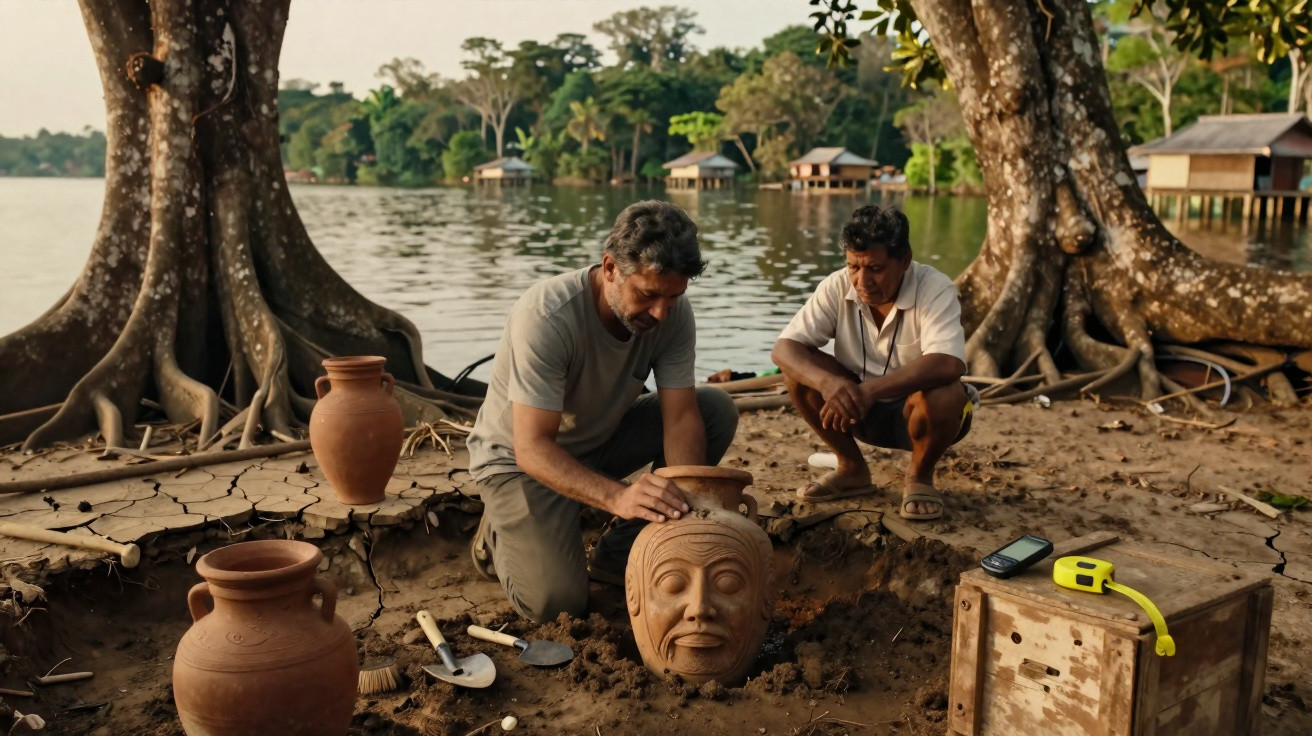 Dois homens escavam perto de árvore à beira de lago, encontrando vaso cerâmico com face esculpida.