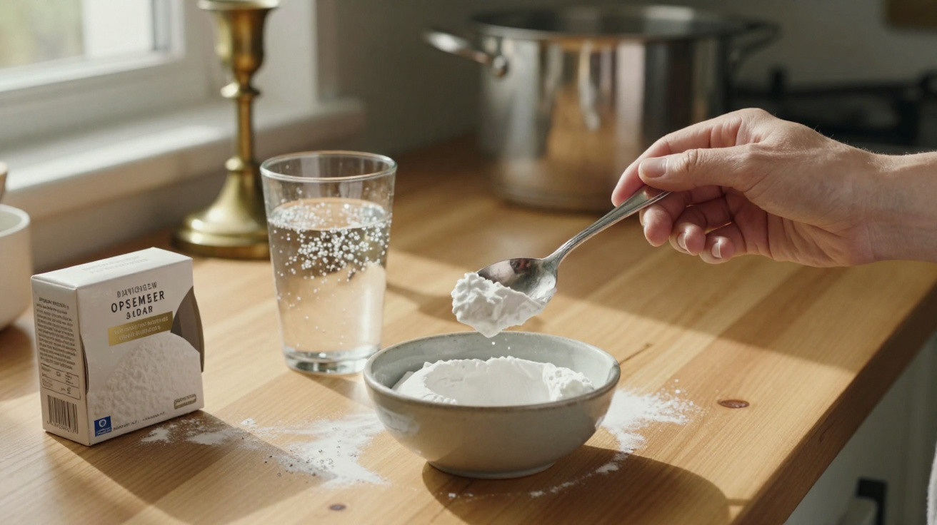 Mão segurando colher com bicarbonato de sódio sobre tigela, ao lado de copo com água e caixa do produto.
