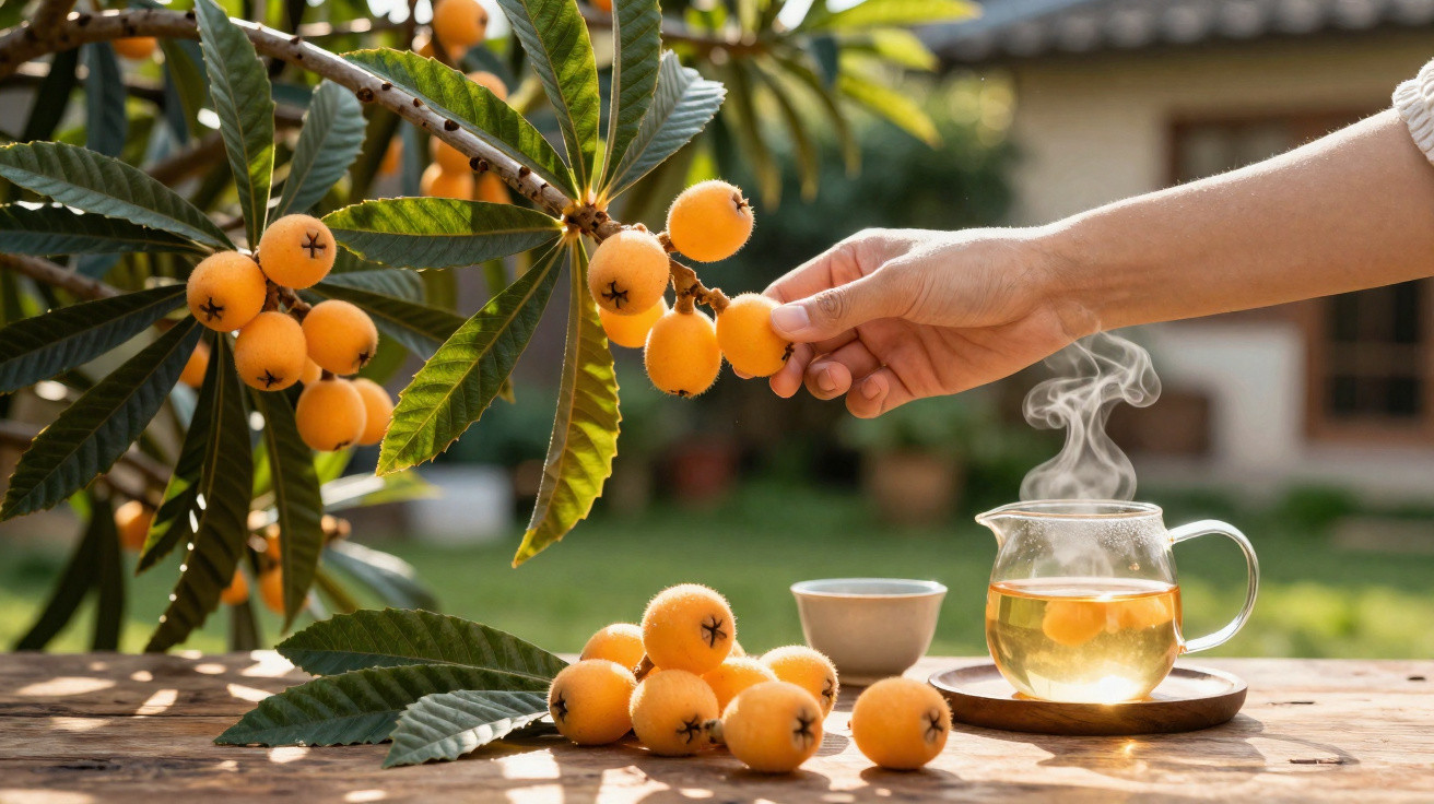 Mão colhendo nêsperas de árvore, frutas sobre mesa de madeira e chá quente em bule de vidro ao ar livre.