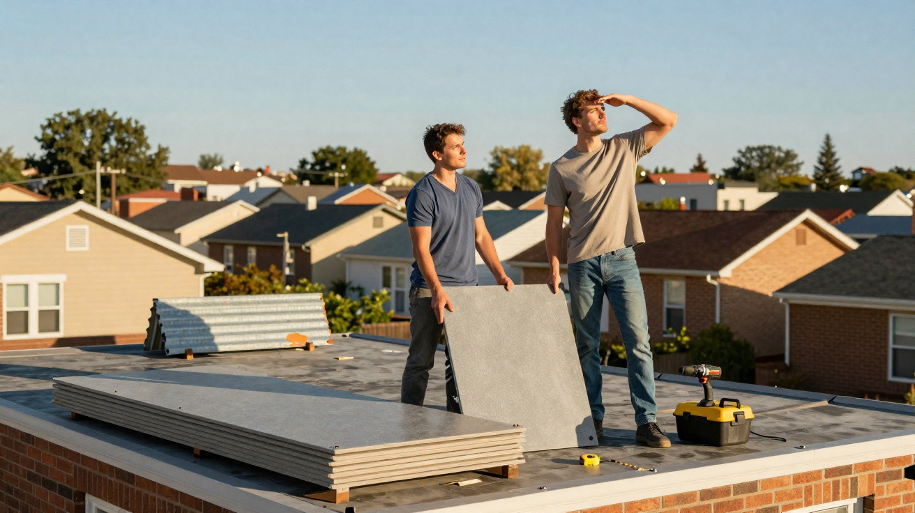 Dois homens com placas de construção em um telhado plano, um observa o horizonte, outro segura a placa.