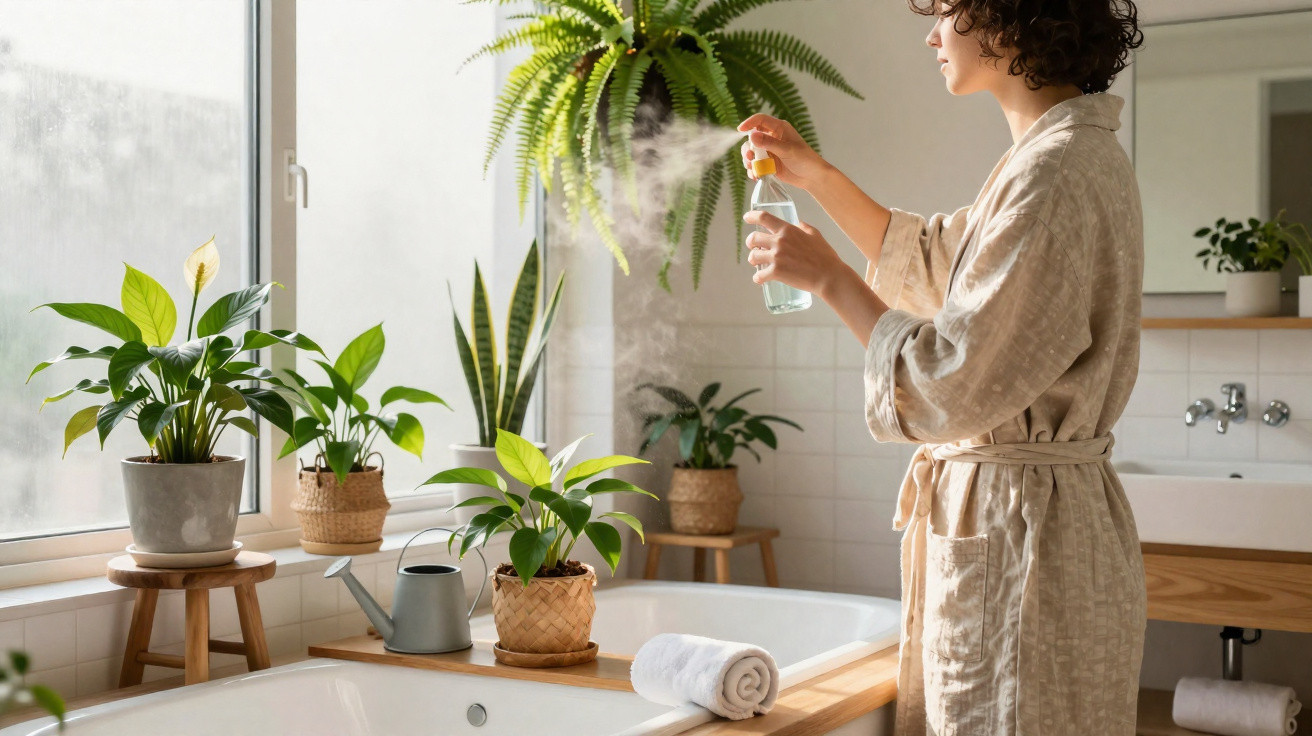 Mulher borrifando água em plantas verdes dentro do banheiro ao lado da banheira.