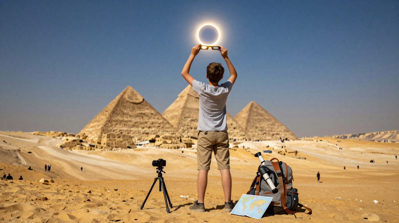 Menino em pé no deserto diante de pirâmides com mochila, mapa, câmera e telescópio, segurando anel solar.