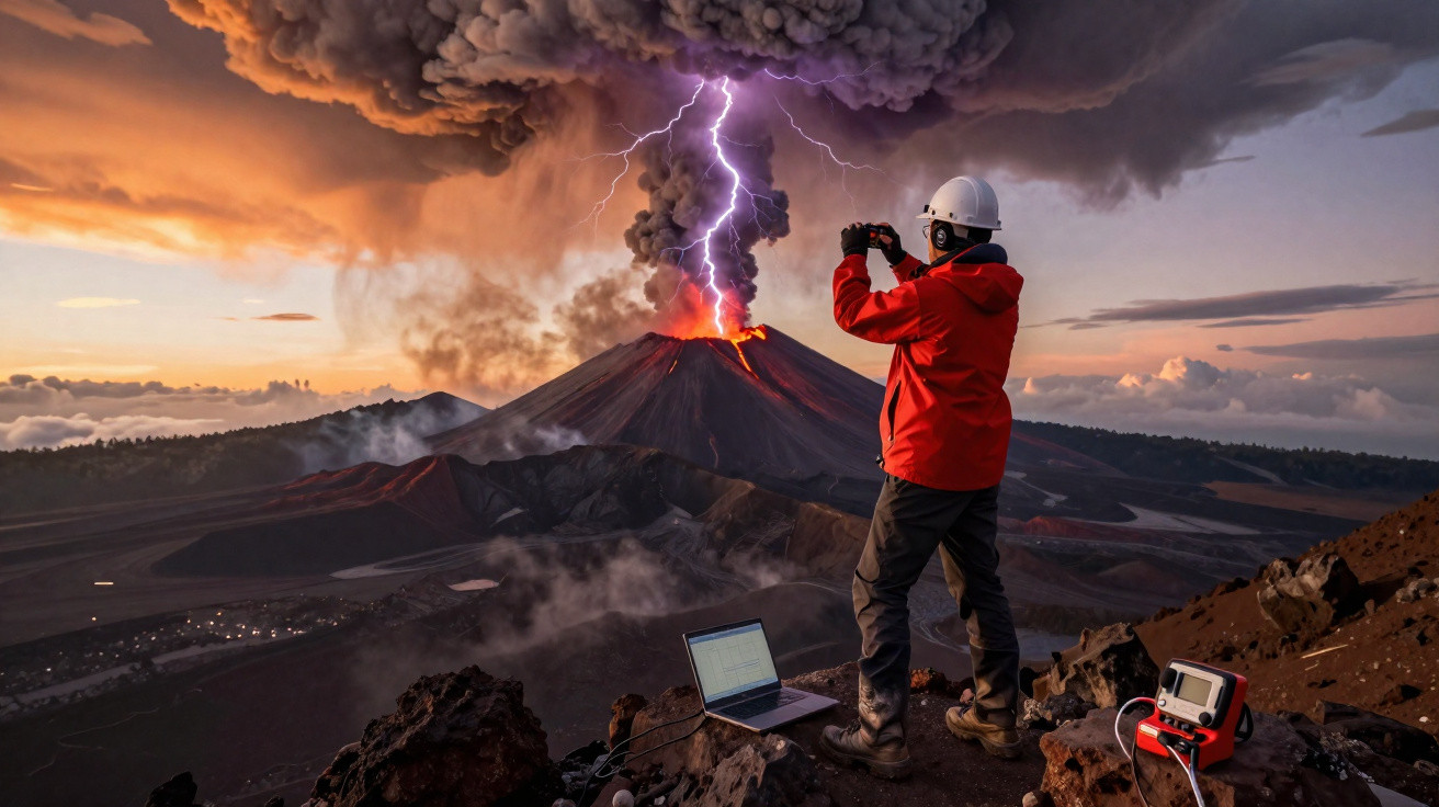 Pesquisador com capacete e jaqueta vermelha fotografa um vulcão em erupção com raio no céu ao entardecer.