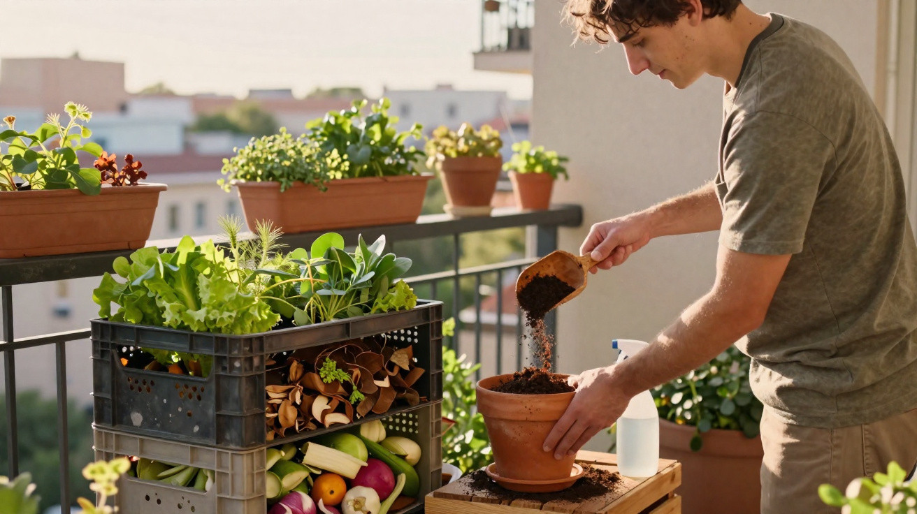 Jovem colocando terra em vaso de planta em varanda com hortaliças e flores ao fundo.