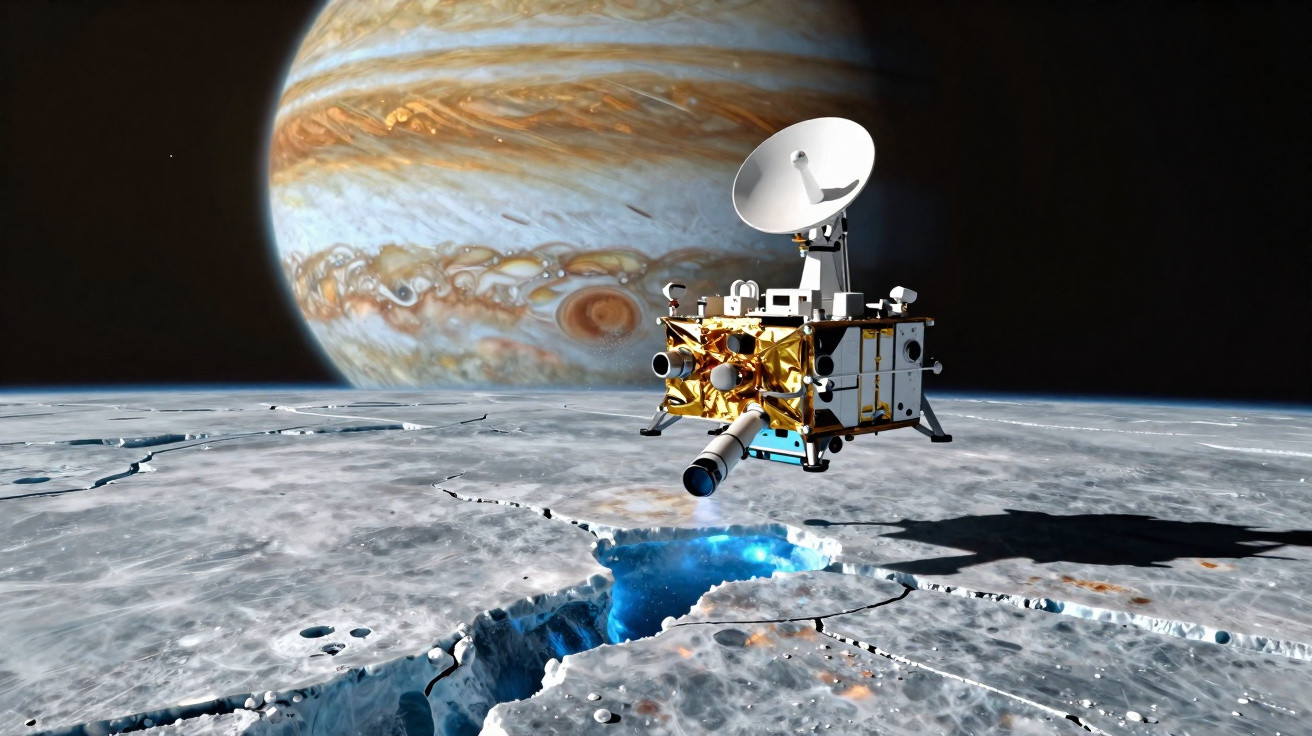 Sonda espacial orbitando a lua congelada de Júpiter com o planeta gigante ao fundo.