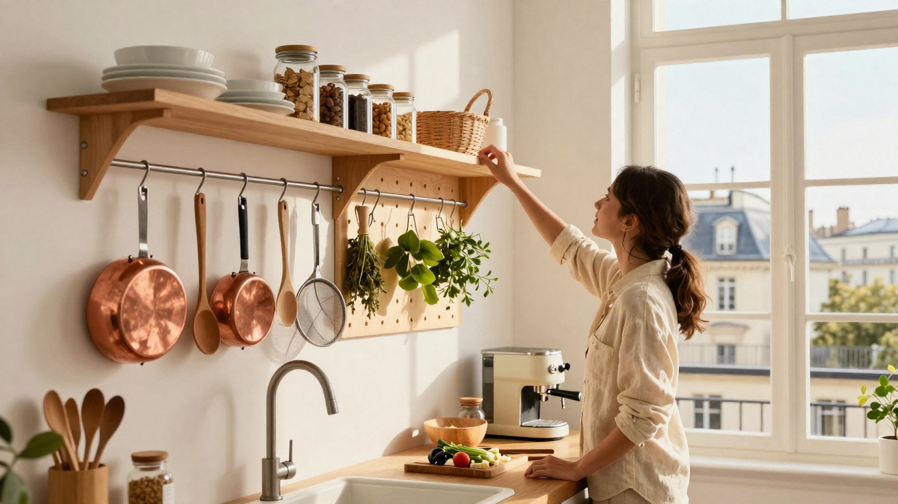 Mulher alcançando cesta em prateleira de cozinha iluminada por luz natural com utensílios pendurados.