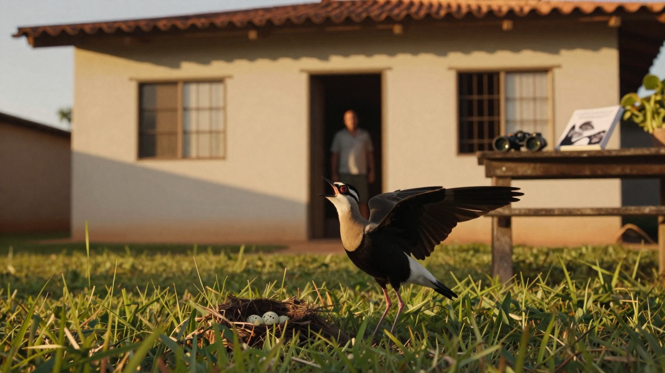 Pombo-de-peito-branco protegendo seu ninho com ovos na grama em frente a casa com homem ao fundo.