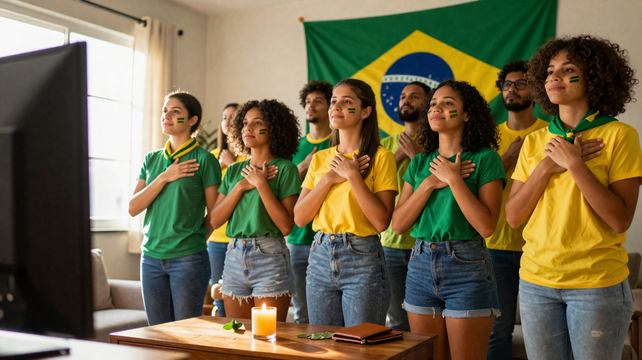 Grupo de jovens brasileiros com roupas verde e amarelo, de mãos no peito, em frente à bandeira do Brasil.