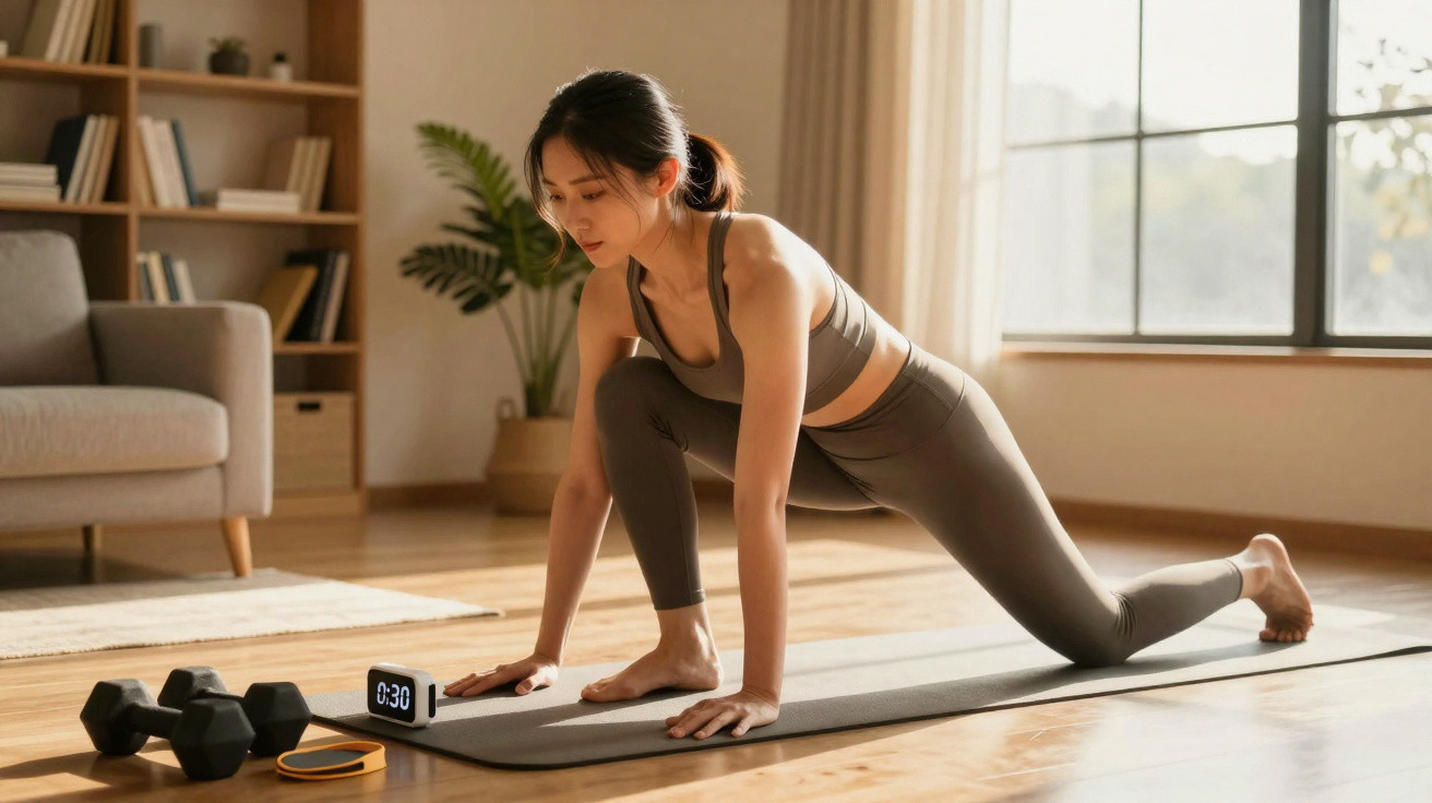Mulher praticando alongamento em tapete de yoga em sala iluminada, com halteres e cronômetro ao lado.