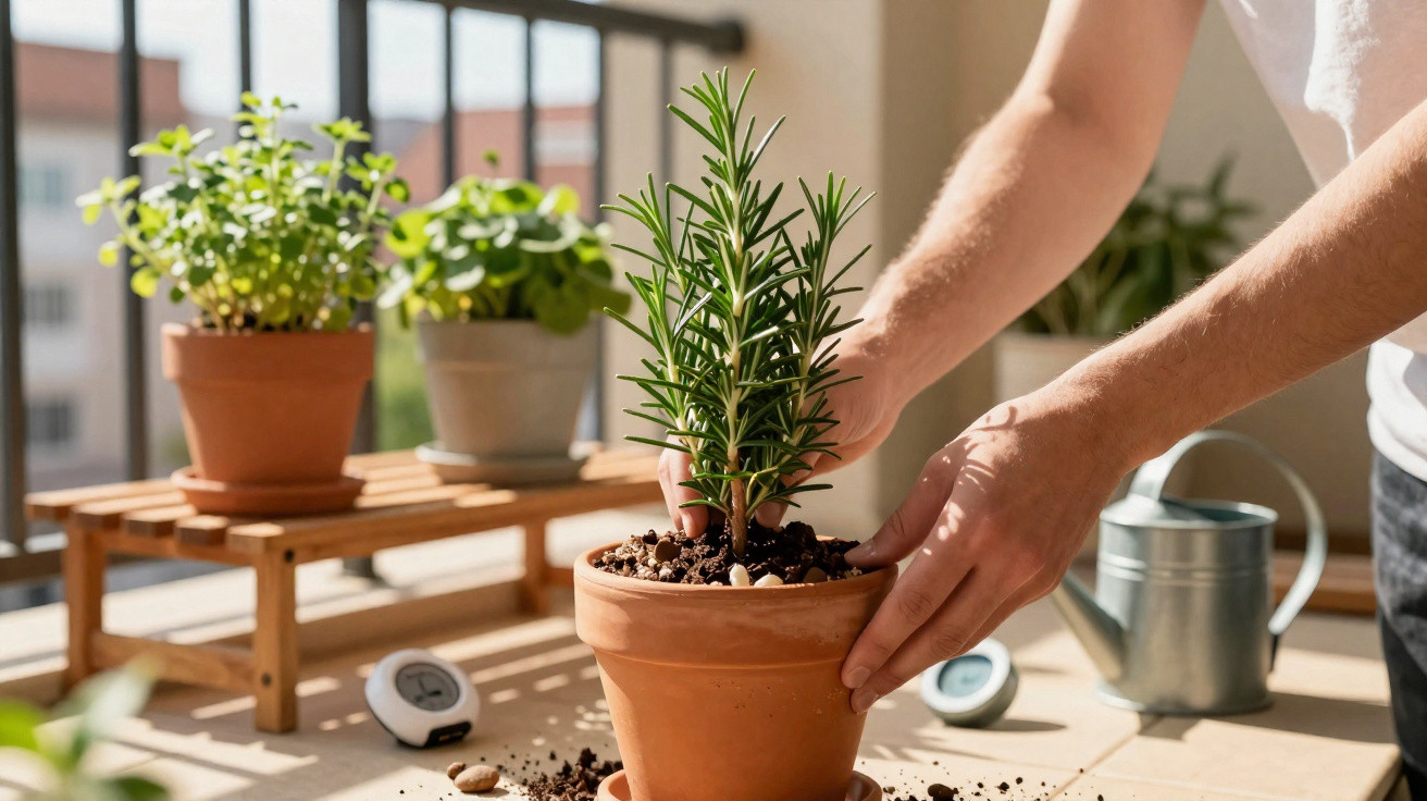Pessoa cuidando de planta em vaso de barro em varanda ensolarada com regador e outras plantas ao fundo.