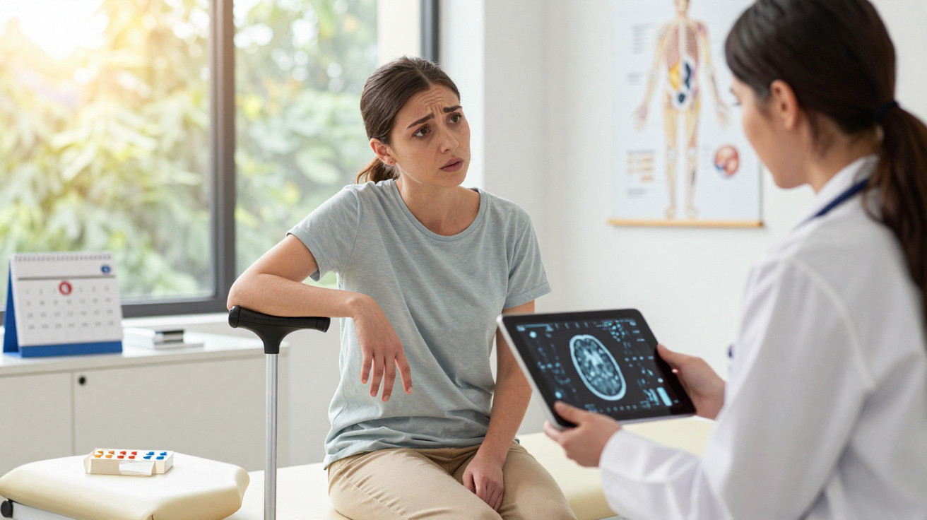 Paciente sentada com muleta conversando preocupada com médica que mostra exames no tablet em consultório.