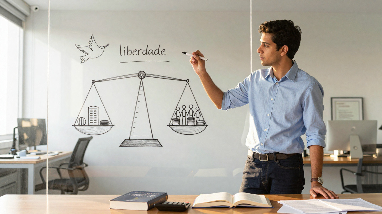 Homem desenha balança com palavra liberdade e pomba em vidro transparente em escritório moderno.