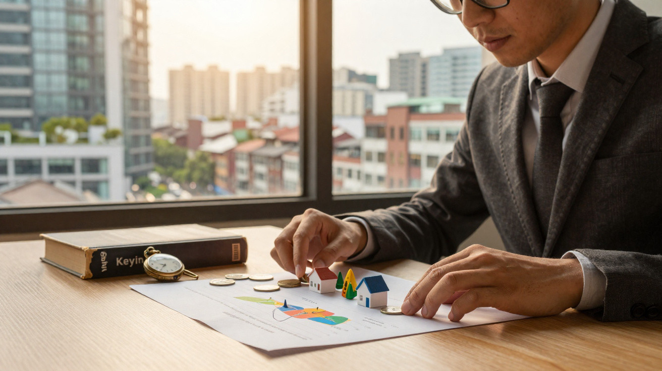 Homem de terno organiza miniaturas de casas e moedas sobre documento com gráficos em mesa.