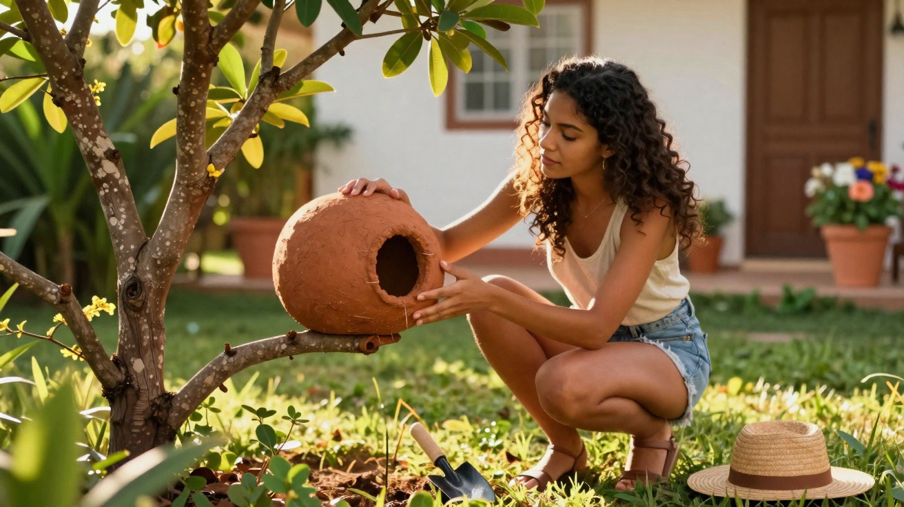 Mulher agachada colocando casinha de barro para pássaros em árvore no jardim ensolarado.