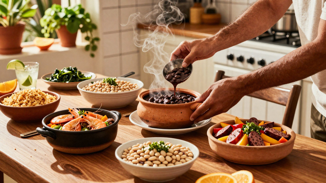 Pessoa servindo feijoada quente em panela de barro, com acompanhamentos variados em tigelas sobre mesa de madeira.