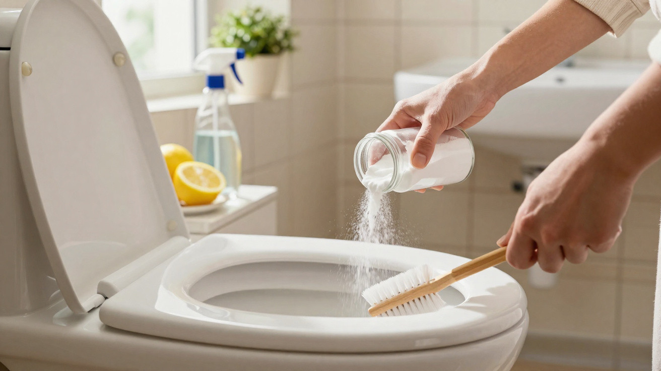 Pessoa despejando pó de limpeza em vaso sanitário enquanto segura escova de limpeza no banheiro.
