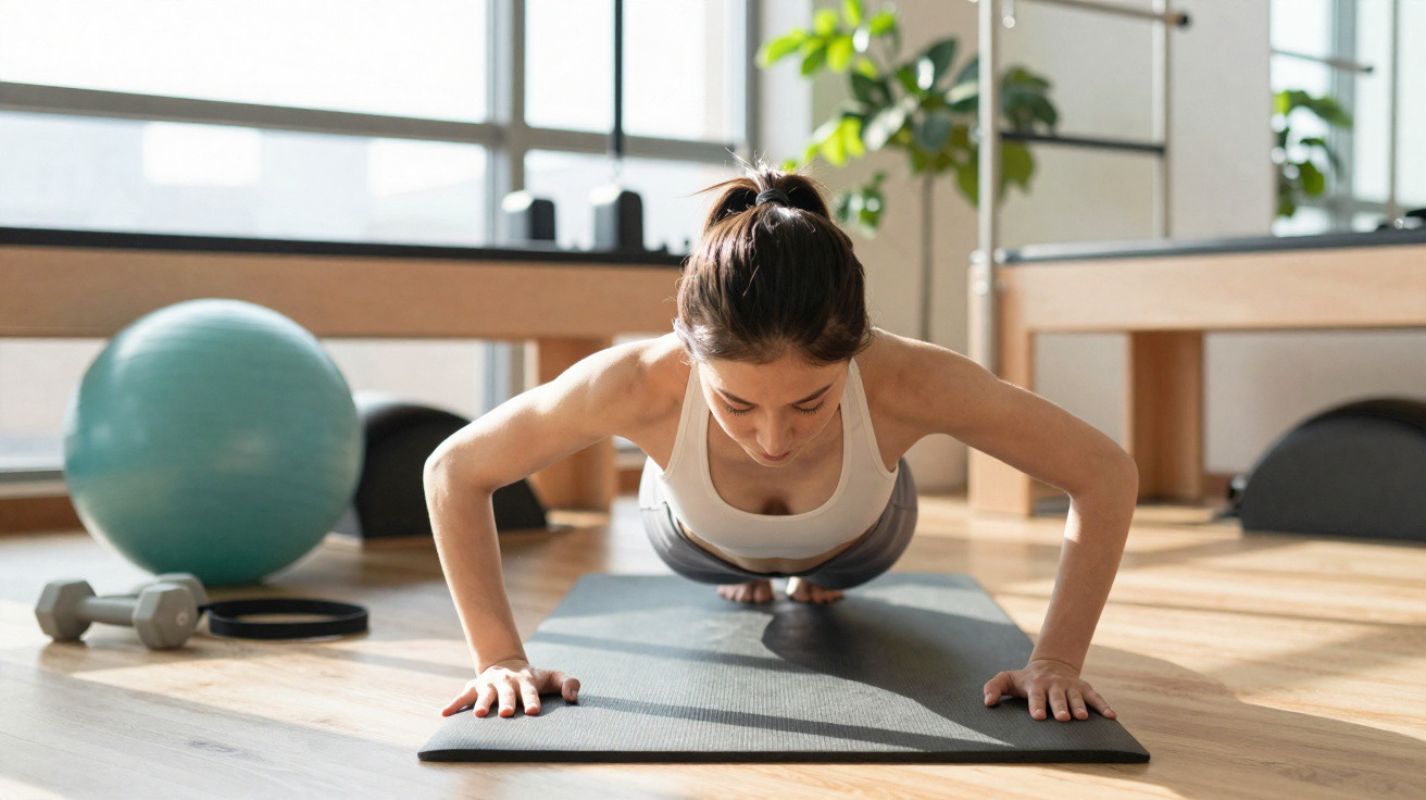 Mulher fazendo flexão de braços em tapete de yoga em ambiente iluminado e com equipamentos de ginástica ao fundo.