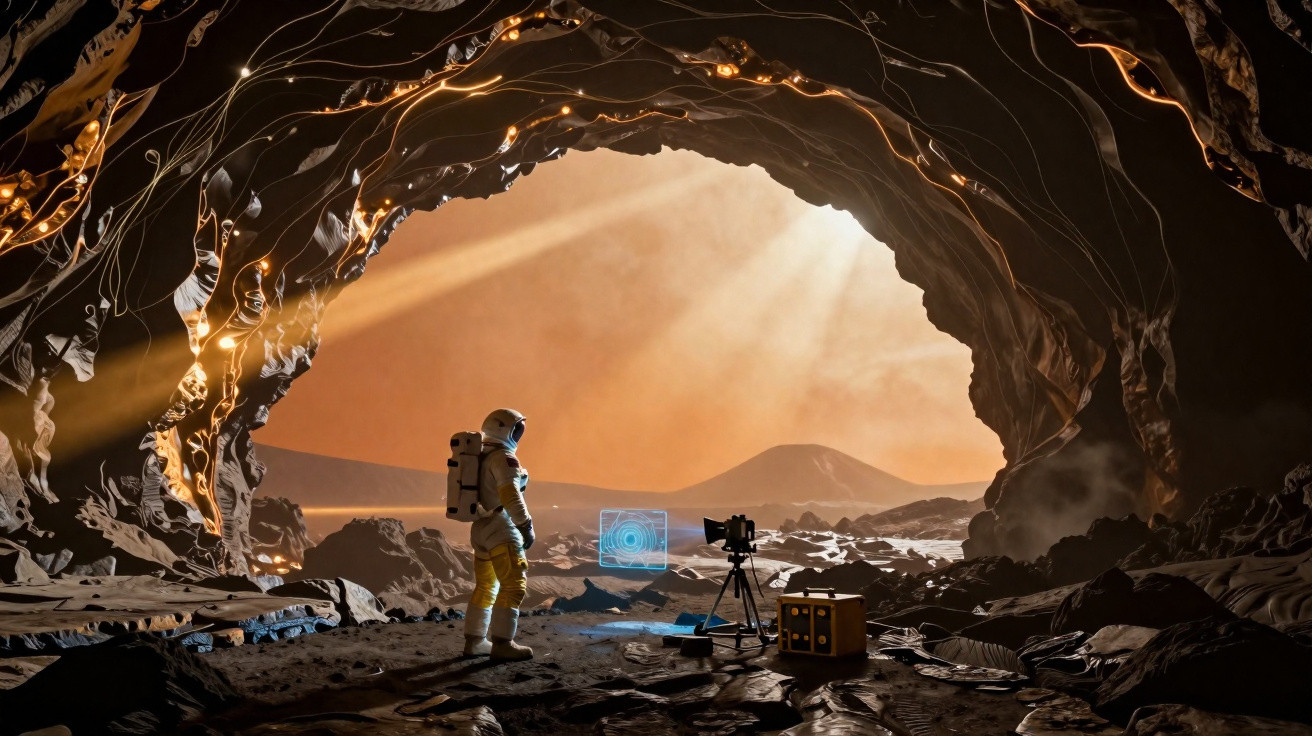 Astronauta em caverna rochosa com equipamento e holograma, luz solar iluminando a cena externa.