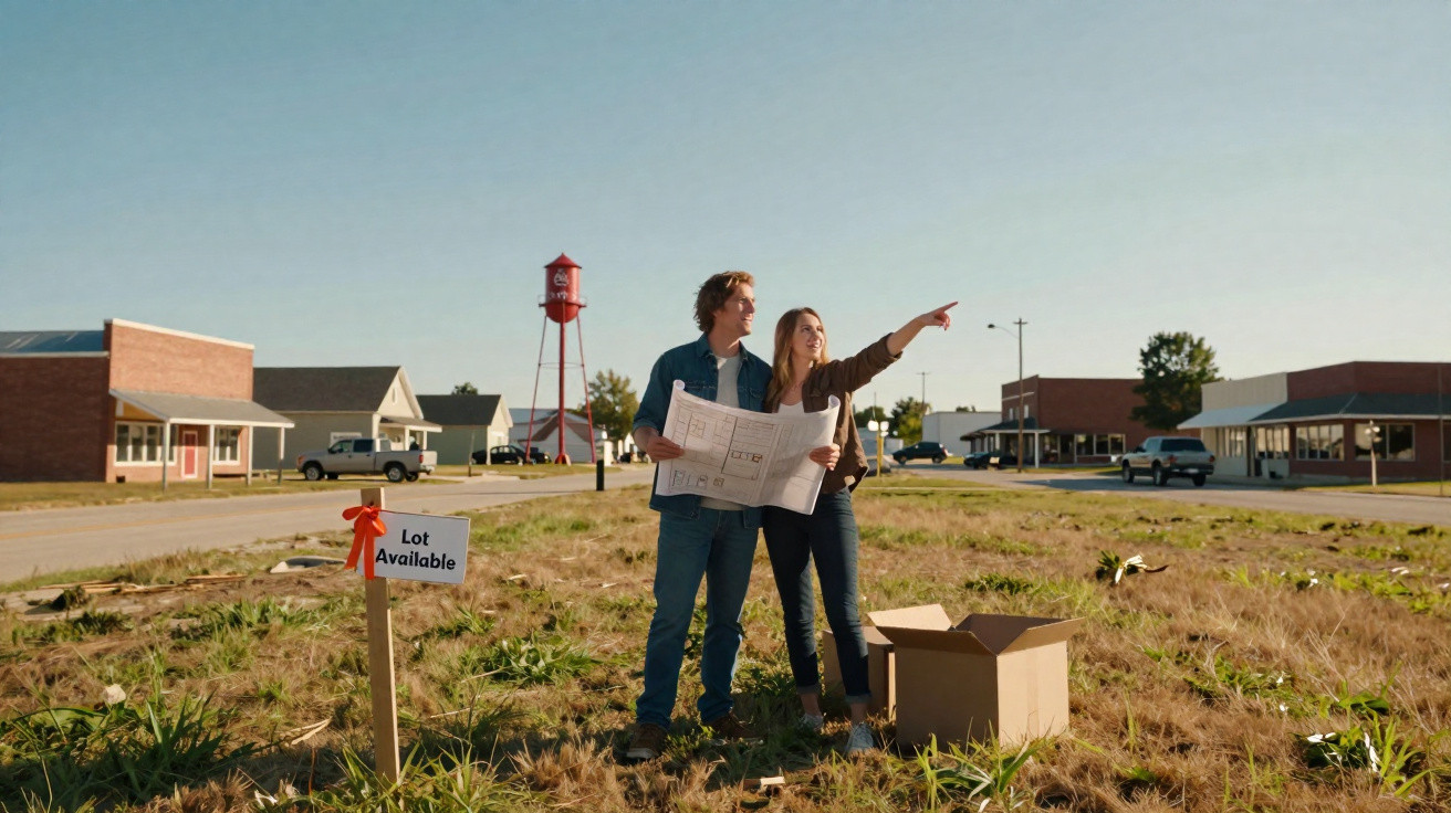 Casal jovem segurando planta em terreno vazio com placa disponível para lote em área urbana.
