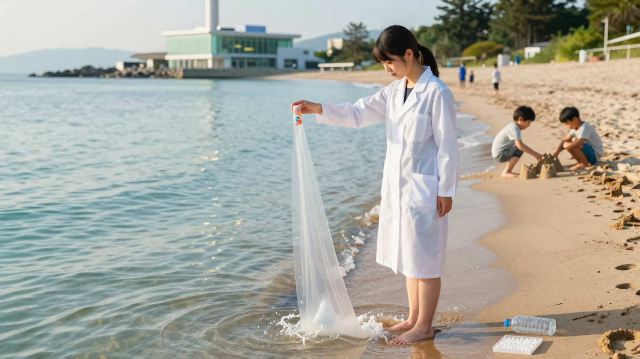 Mulher de jaleco coleta amostra de água do mar em praia enquanto crianças brincam ao fundo.