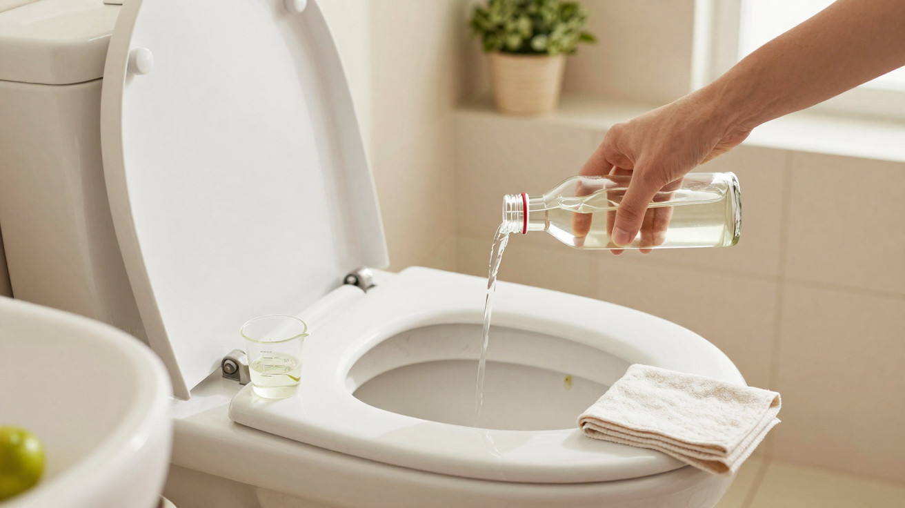 Mão despejando líquido em vaso sanitário com pano sobre a tampa e copo ao lado no banheiro.