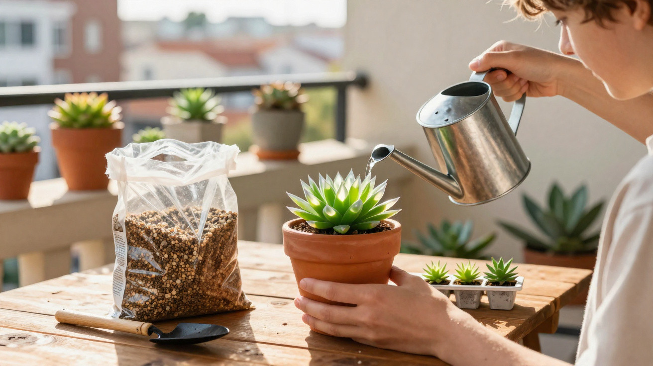Pessoa regando suculenta em vaso de barro em mesa com terra e mini suculentas ao fundo.
