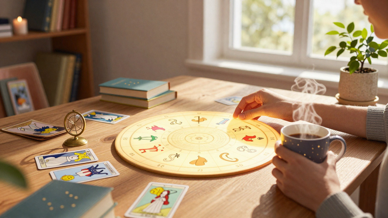 Pessoa segurando uma xícara de chá ao lado de círculo com signos do zodíaco e cartas de tarô sobre mesa de madeira.