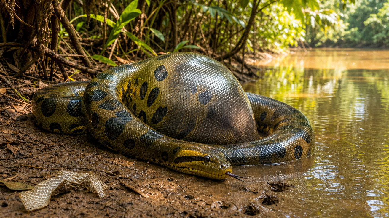 Jiboia verde grande com corpo curvado e barriga inchada perto de rio em ambiente de floresta.