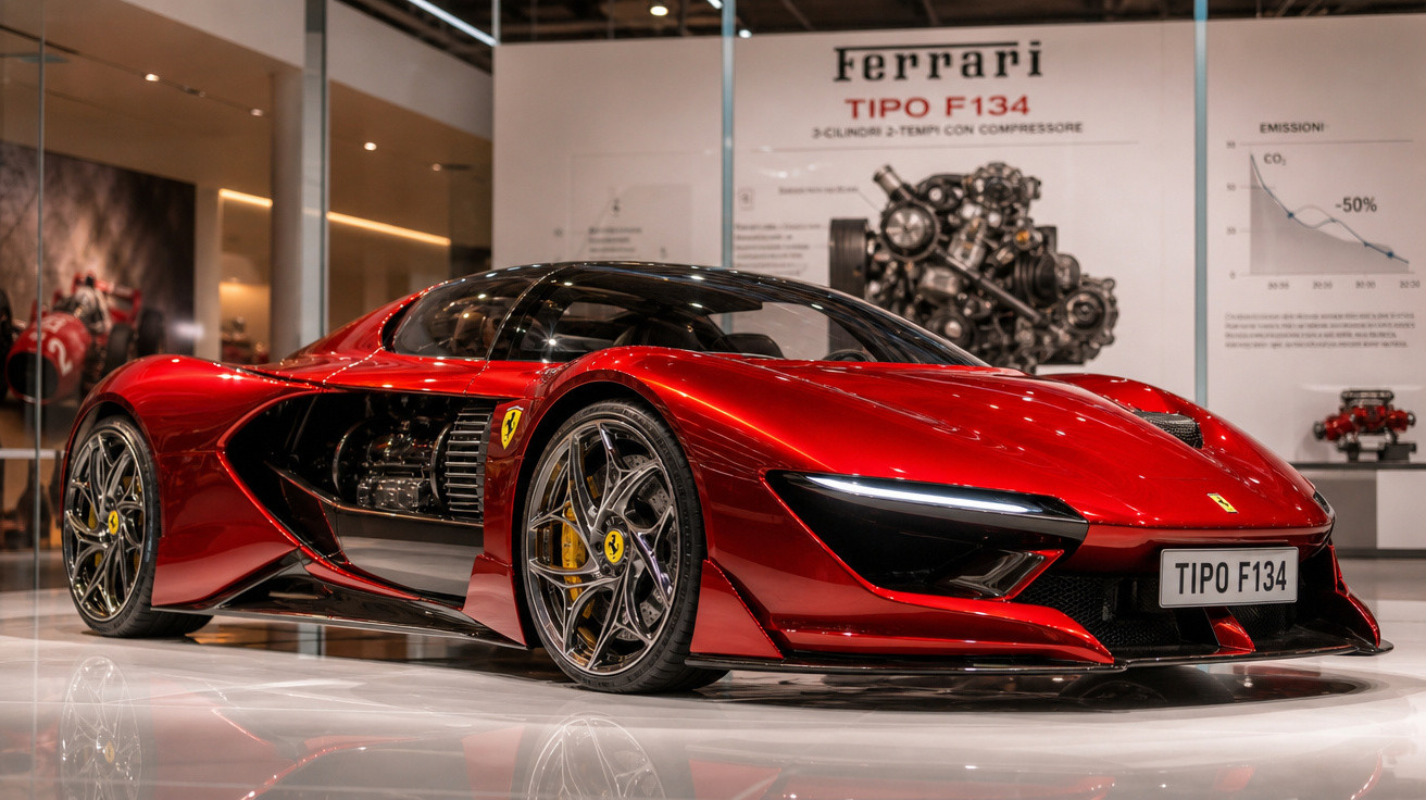 Carro esportivo Ferrari vermelho modelo Tipo F134 exposto em salão com detalhes de motor à vista.