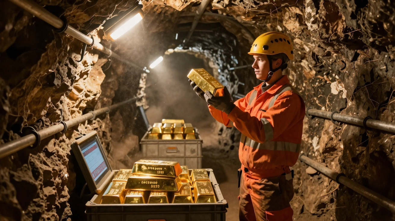 Minerador com uniforme laranja inspeciona barras de ouro em mina subterrânea iluminada.