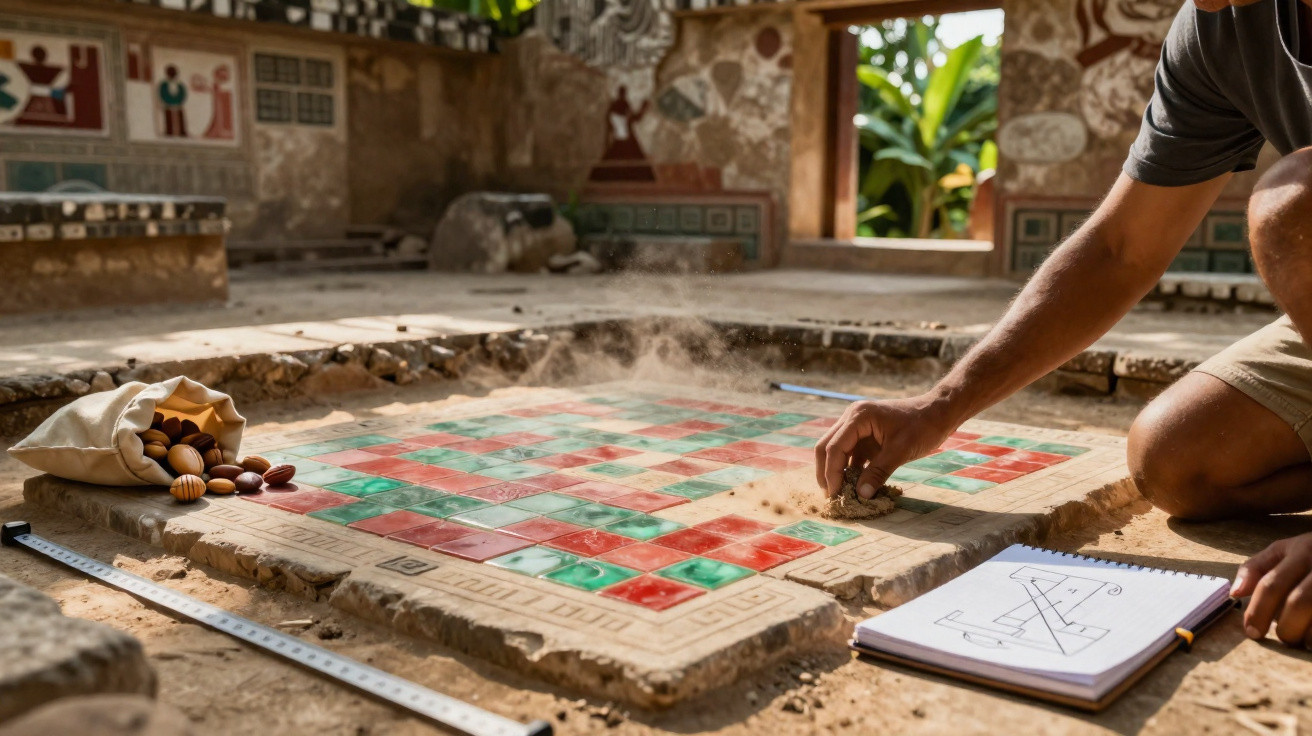 Pessoa escavando e limpando tabuleiro colorido de jogo antigo em sítio arqueológico aberto.