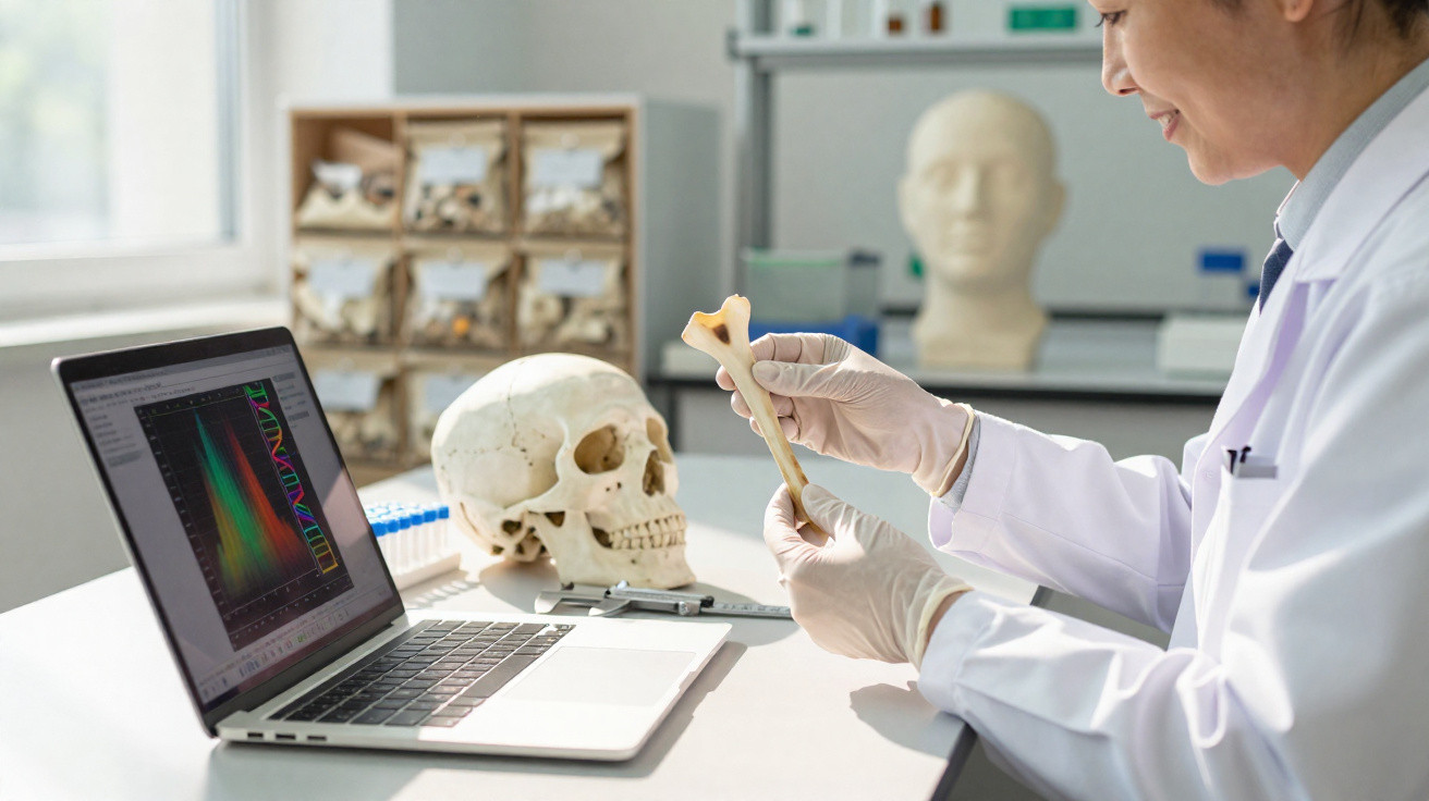 Pesquisadora em laboratório analisa osso humano com modelo de crânio e laptop ao fundo.