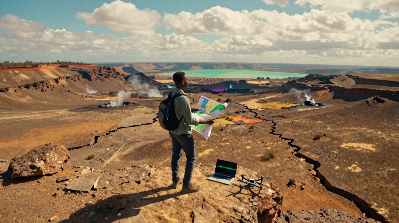 Homem com mochila observa mapa em terreno árido com crateras, lago ao fundo e equipamentos tecnológicos no chão.