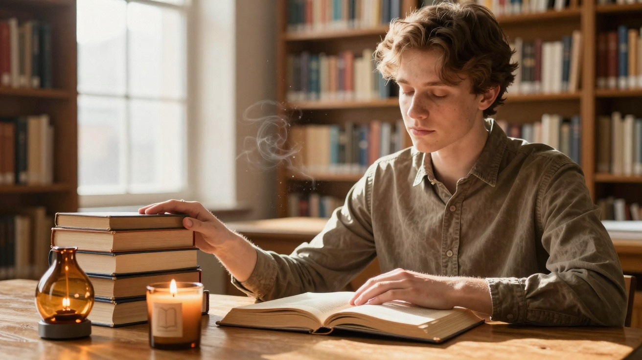 Jovem lendo livro em biblioteca iluminada por vela e luz natural, com livros empilhados à sua frente.