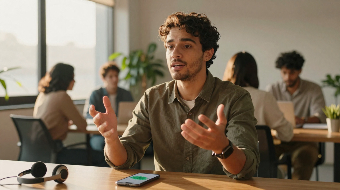 Homem jovem explicando algo em reunião de trabalho com outras pessoas em escritório moderno.