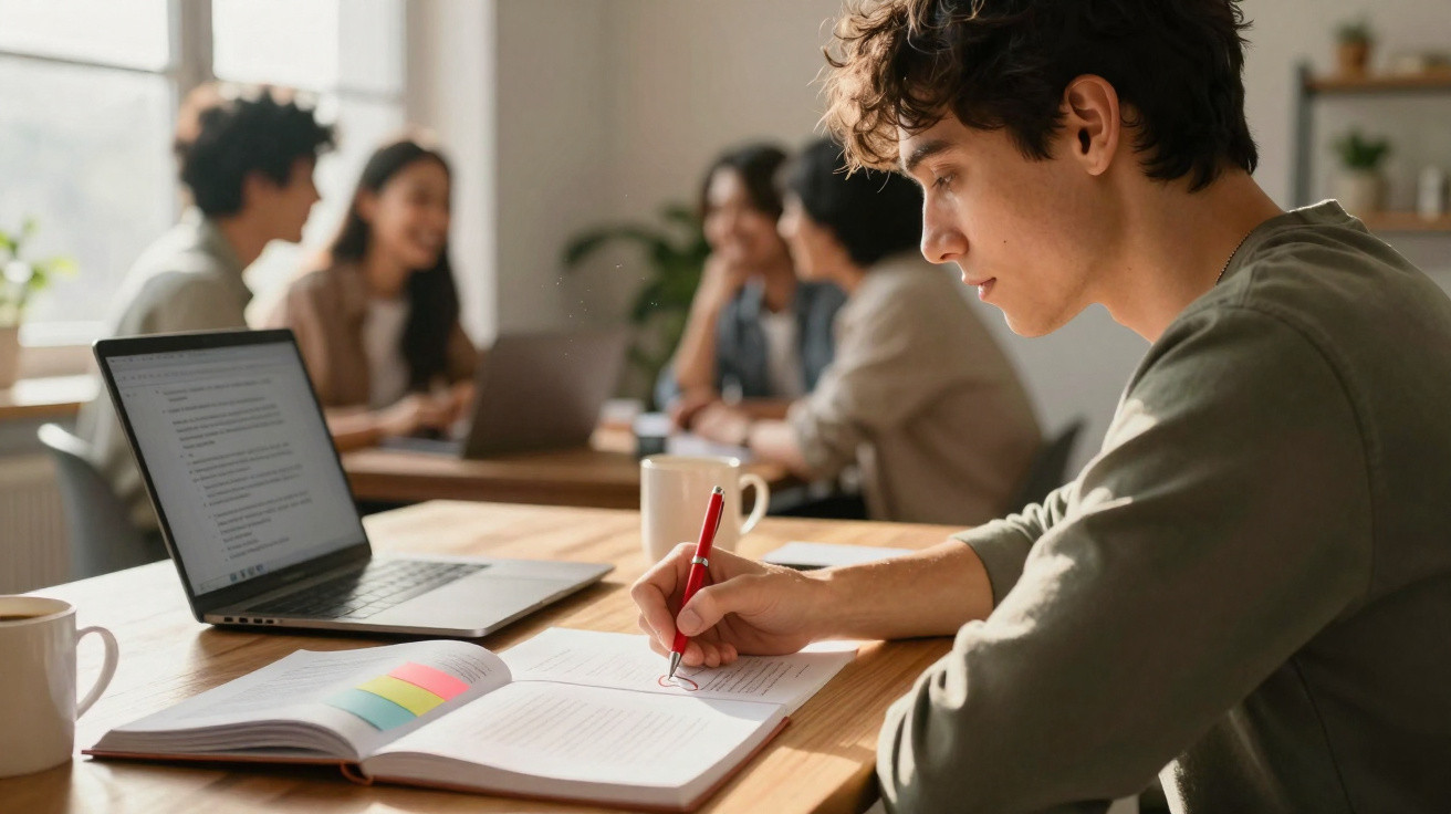 Jovem escrevendo em caderno com laptop aberto em mesa enquanto grupo conversa ao fundo em ambiente iluminado.