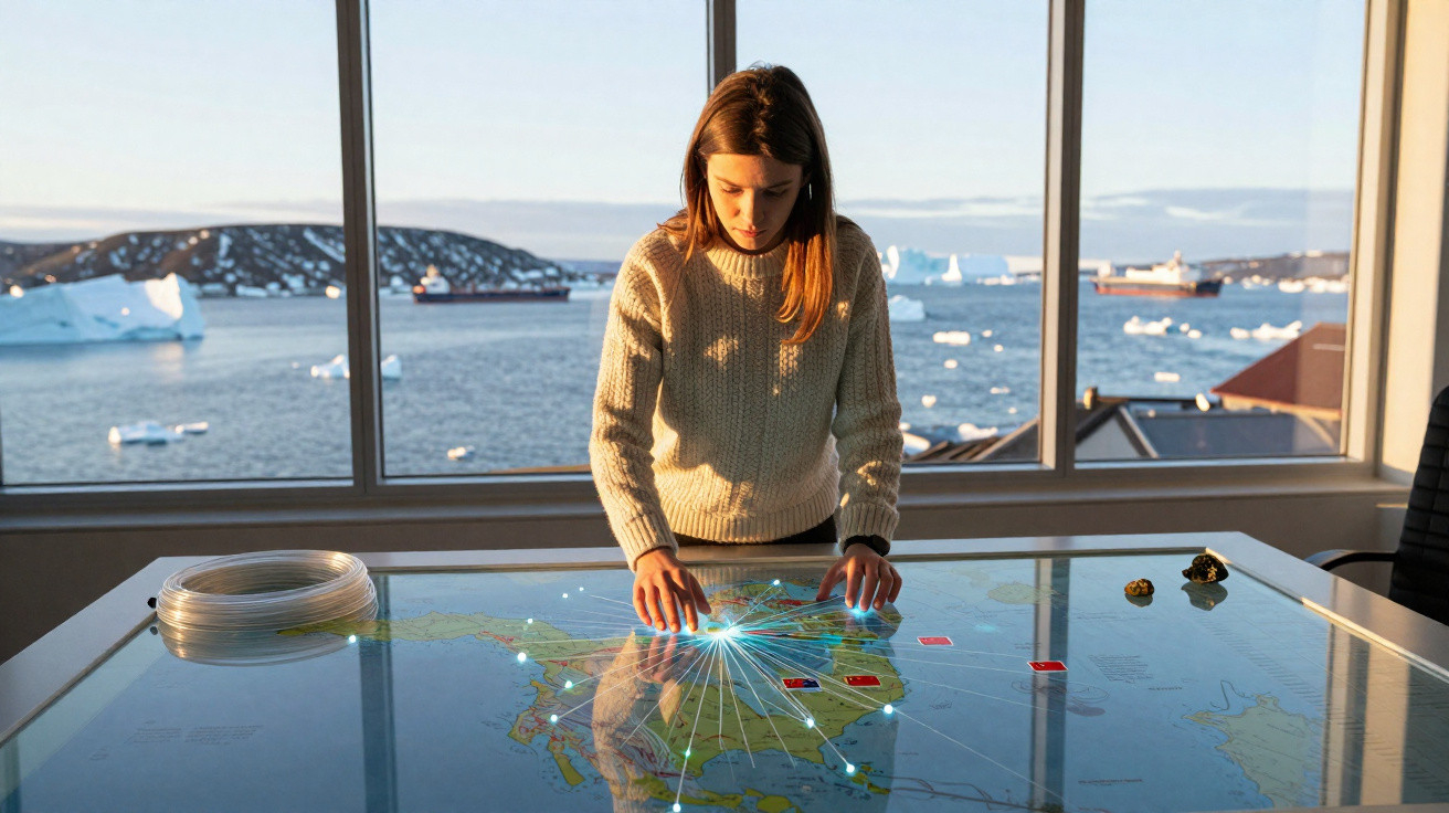 Mulher interagindo com mesa tátil que exibe mapa durante pôr do sol com vista para icebergues e mar.