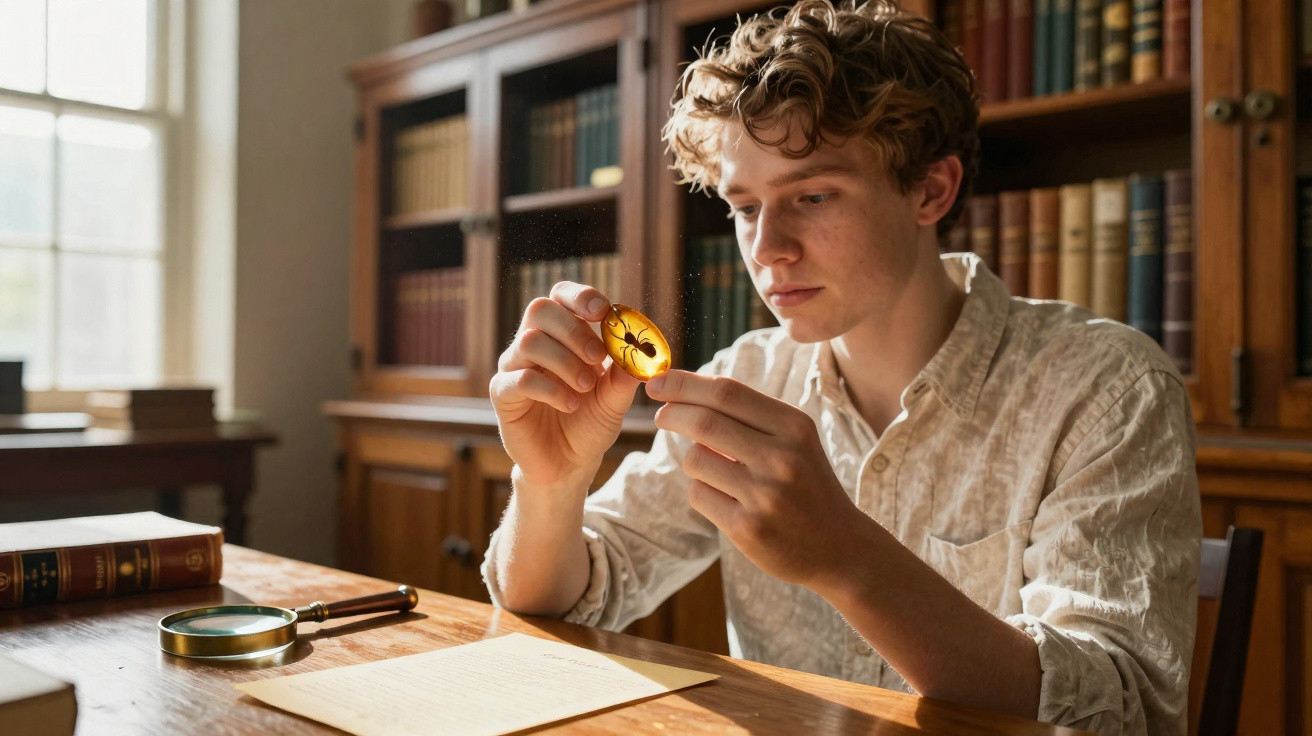 Jovem analisando um fóssil de inseto em âmbar em uma biblioteca com lupa e livros ao fundo.