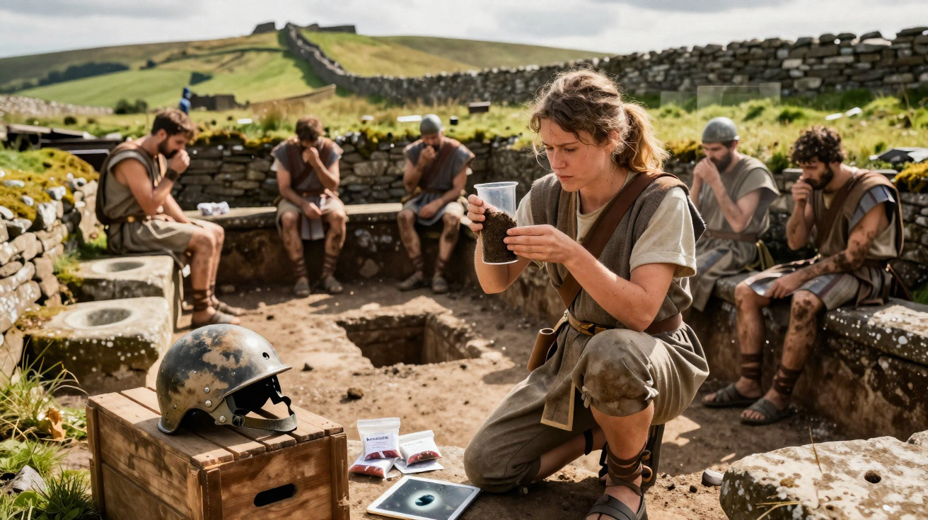 Equipe de arqueologia escavando sítio antigo em área rural com paredes de pedra e colinas ao fundo.