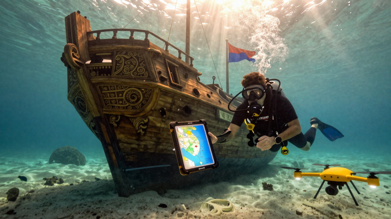 Mergulhador com tablet e drone amarelo inspeciona naufrágio antigo em fundo do mar iluminado pela luz solar.