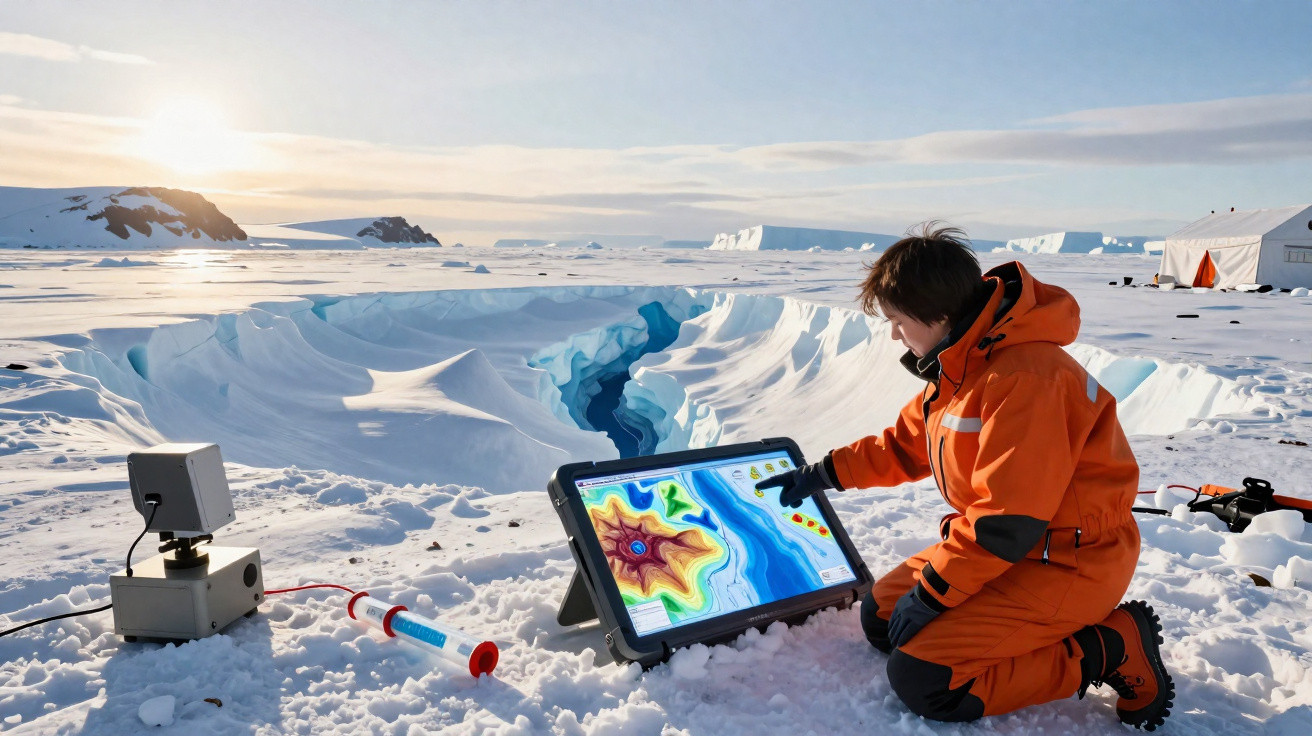 Pesquisador em roupa laranja analisa mapa topográfico em tablet na paisagem congelada da Antártida.