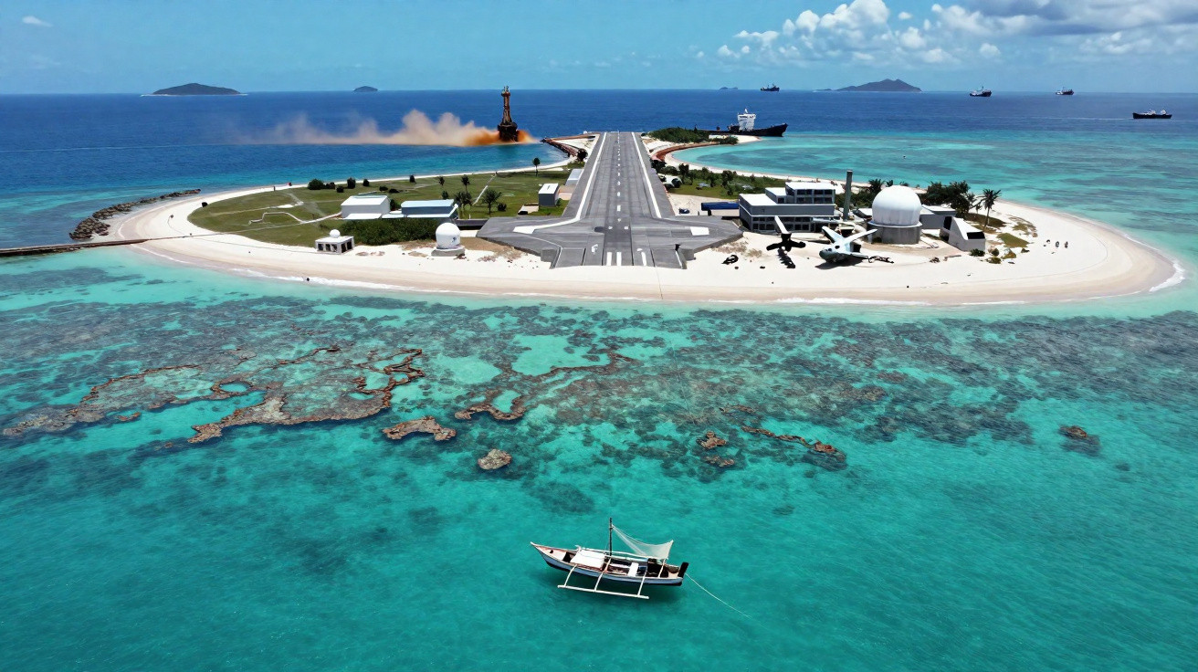 Ilha com pista de pouso, edifícios, barco no mar azul e corais visíveis na água transparente.
