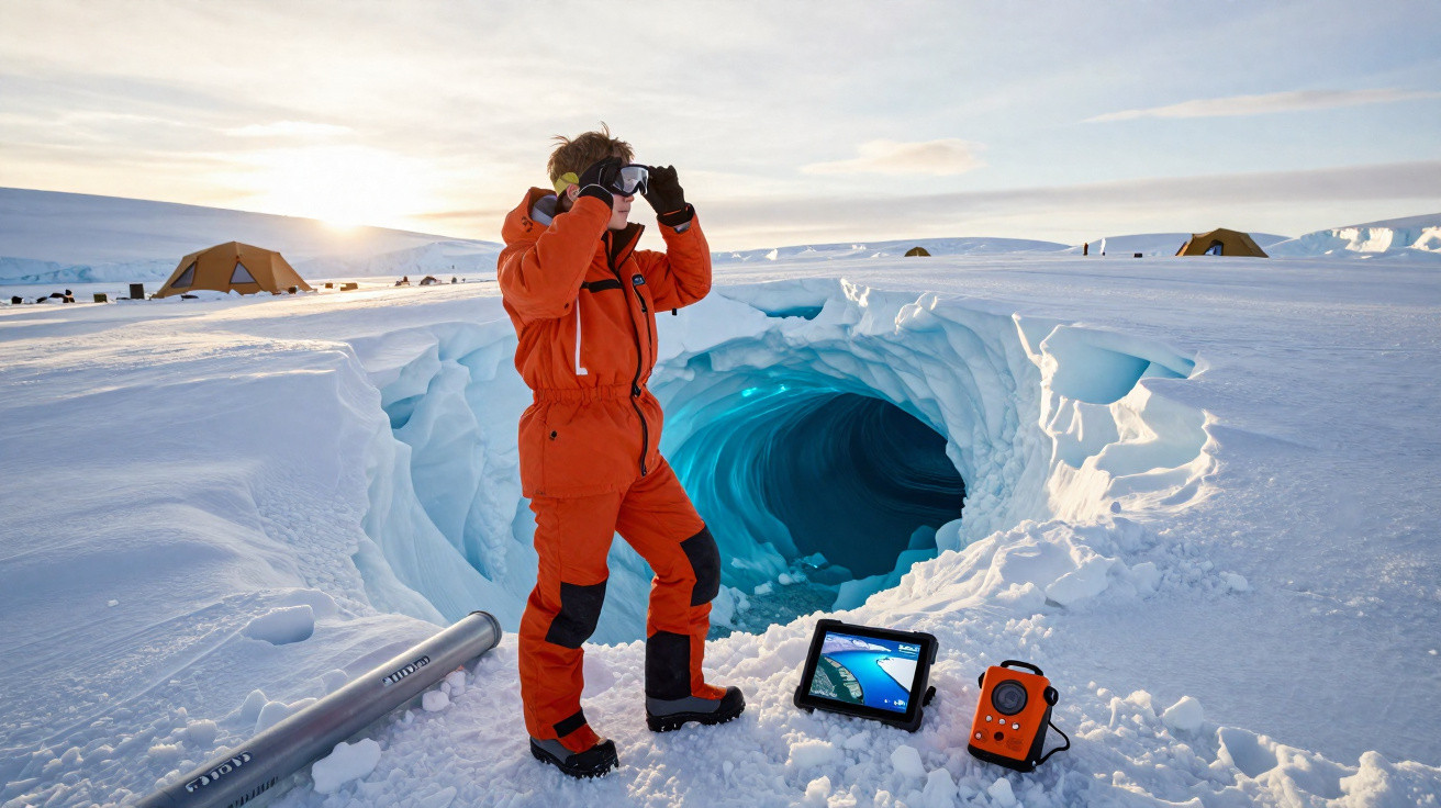 Pessoa com roupa laranja ao lado de uma caverna de gelo azul durante expedição polar com equipamentos e tendas.