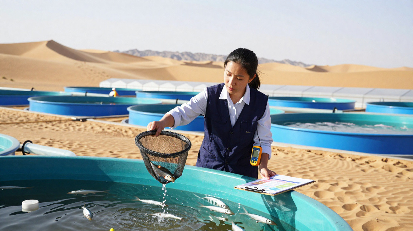 Mulher científica coleta peixes em tanques azuis no deserto enquanto anota dados em prancheta.