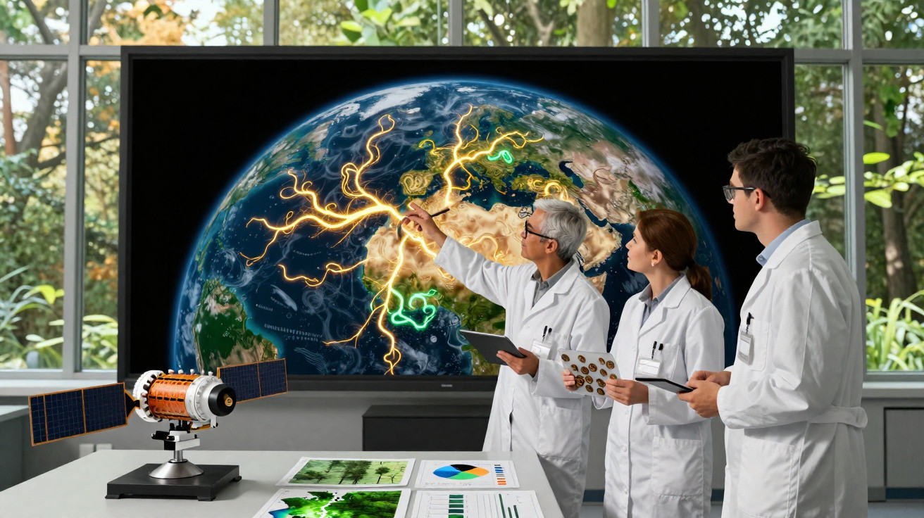 Cientistas em laboratório analisando dados geográficos e elétricos da Terra exibidos em tela grande.