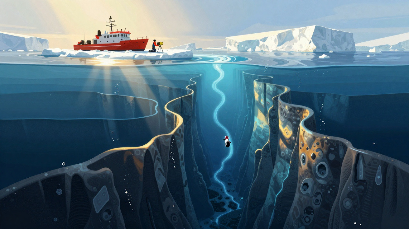 Navio de pesquisa e robô submerso exploram fenda profunda em águas geladas com icebergues ao redor.