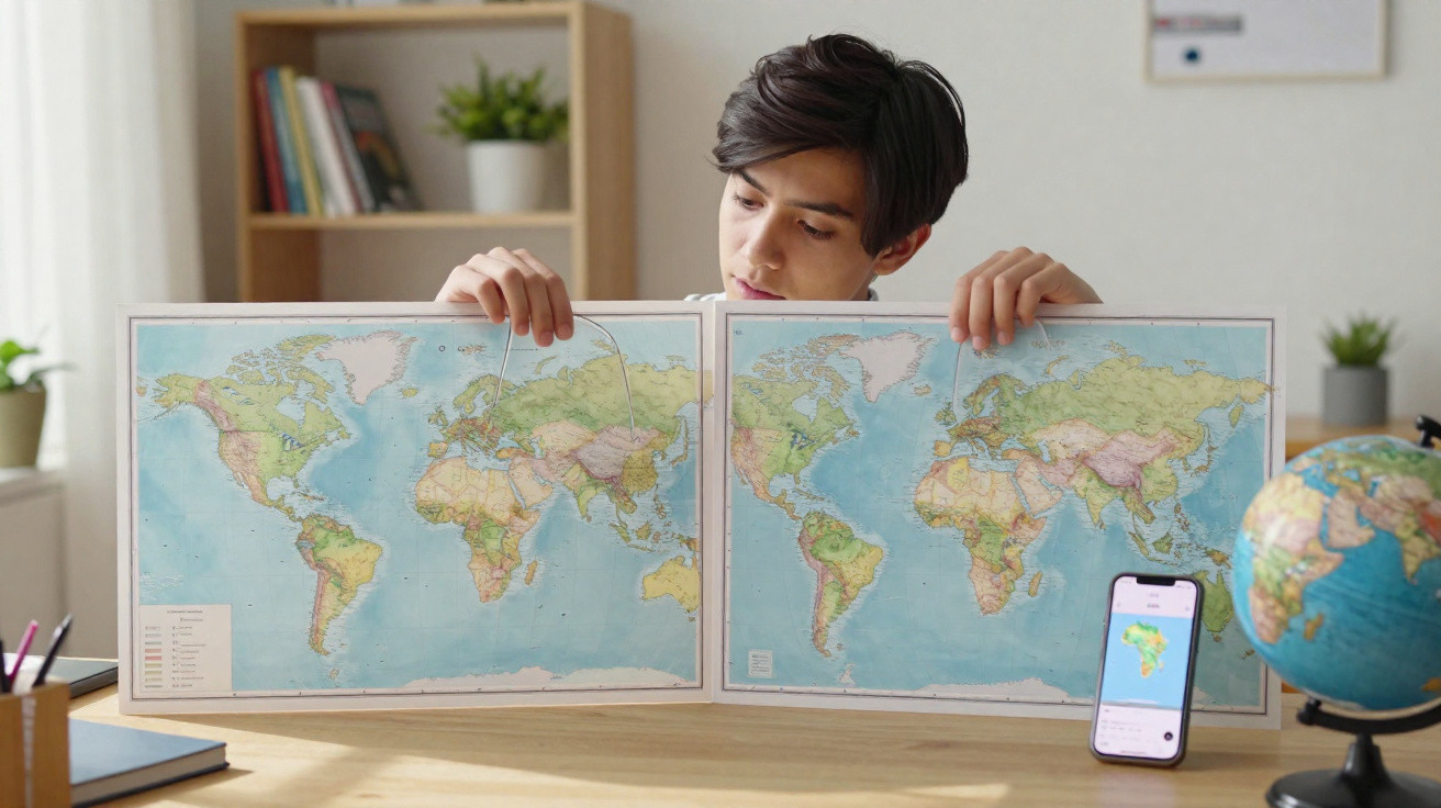 Jovem segurando dois mapas-múndi abertos em uma mesa com globo e celular com mapa em ambiente de estudo.