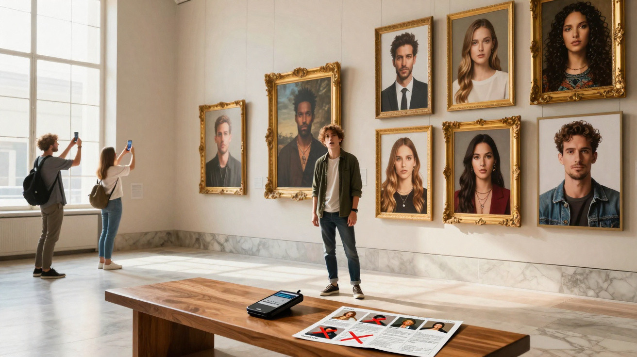 Jovens observam quadros de retratos em galeria de arte com fotos e folha com marcações sobre mesa de madeira.